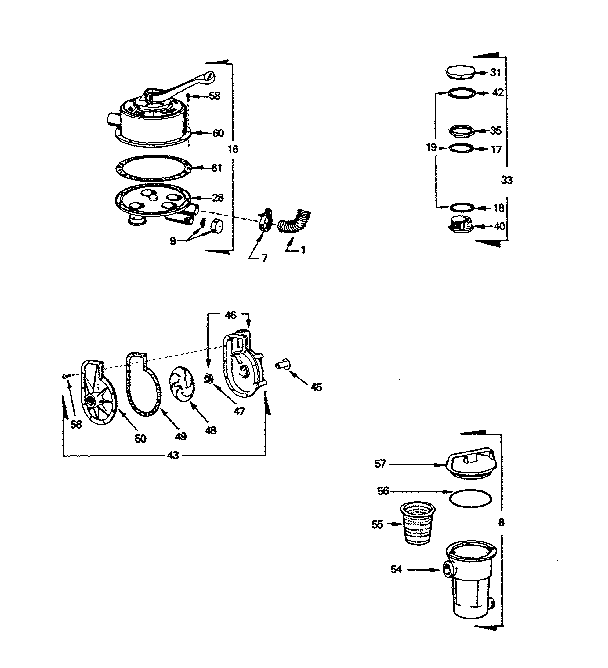 Fillport, pump, hair, and lint pot assemblies