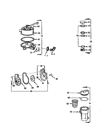 Fillport, pump, hair, and lint pot assemblies