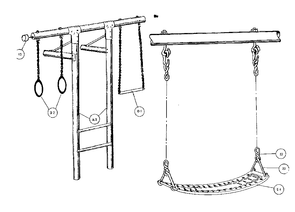 Swing, gym ring, & trapeze assemblies