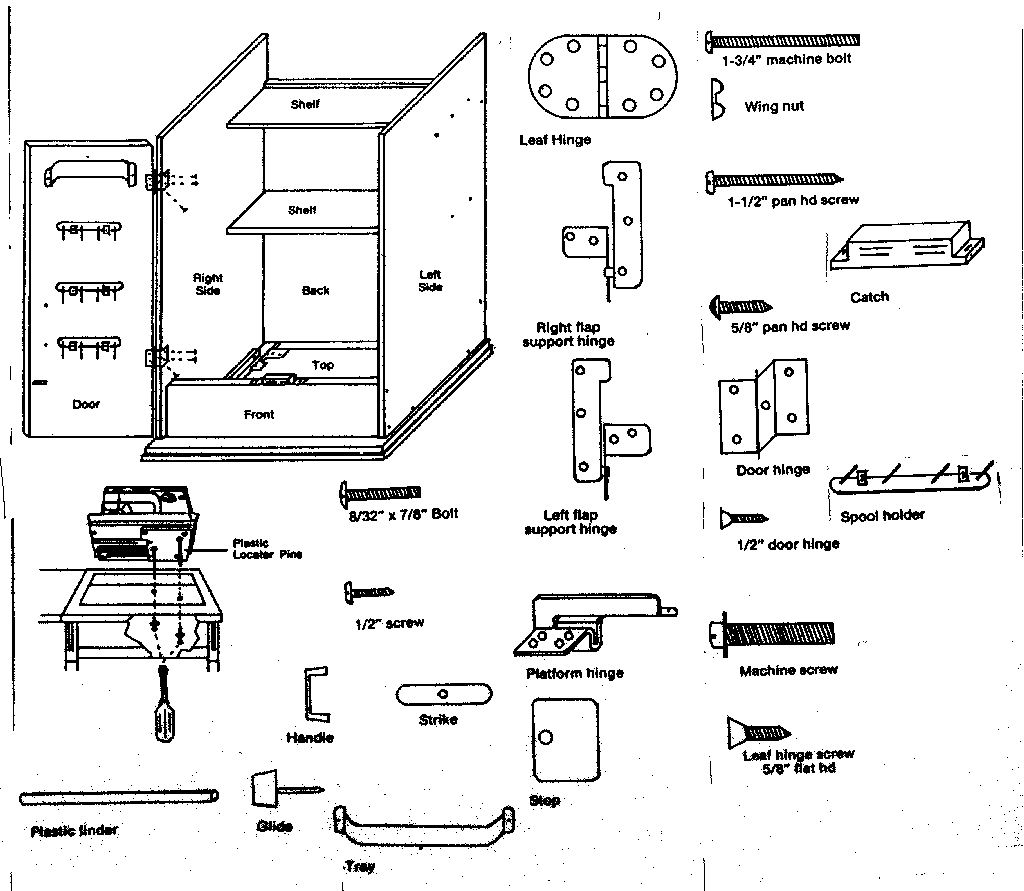 Cabinet, screws, and hinges