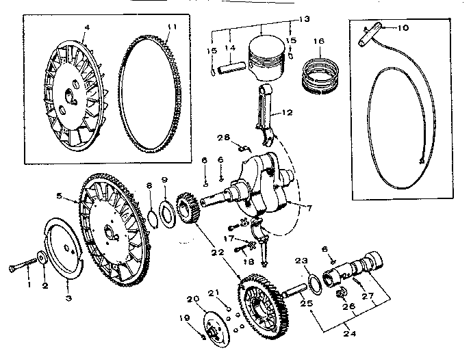 Crankshaft, flywheel, camshaft and piston group