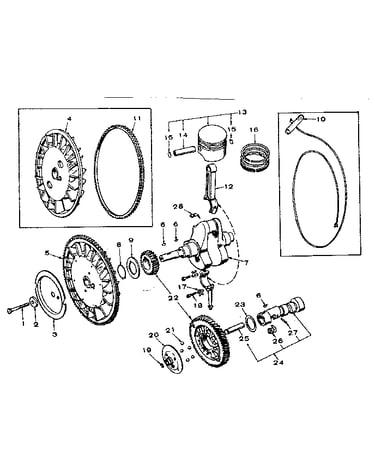 Crankshaft, flywheel, camshaft and piston group