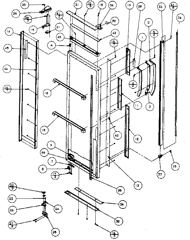 Refrigerator door, hinge, and trim parts