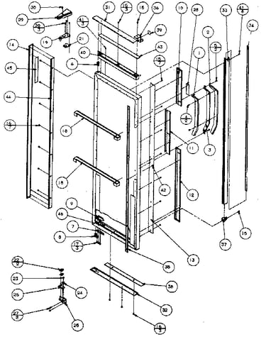 Refrigerator door, hinge, and trim parts