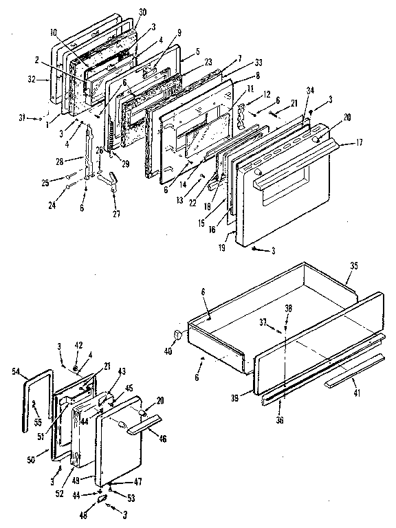 Doors, latch mechanism and drawer assemblies