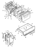 Doors, latch mechanism and drawer assemblies