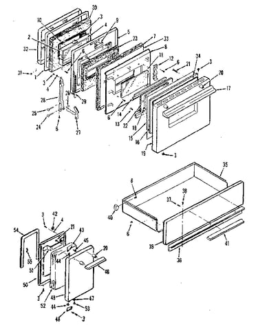 Doors, latch mechanism and drawer assemblies
