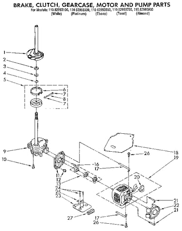 Brake, clutch, gearcase, motor and pump