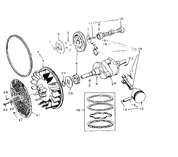 Crankshaft - flywheel, camshaft and piston group