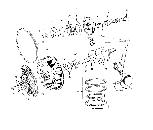 Piston, rod, camshaft, crankshaft and flywheel group