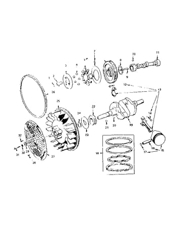 Piston, rod, camshaft, crankshaft and flywheel group