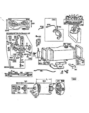 Fuel tank, carburetor, and starting motor assembly