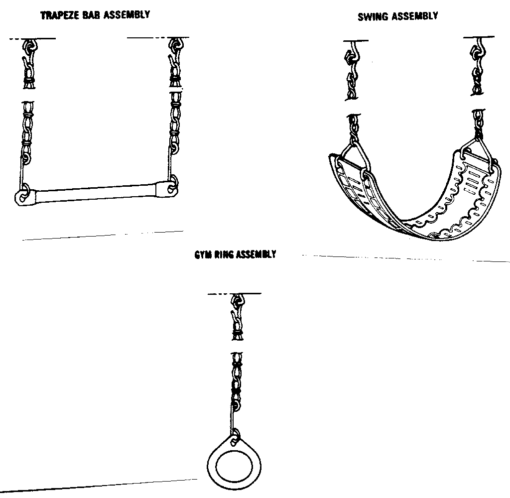 Trapeze bar, swing & gym ring assemblies