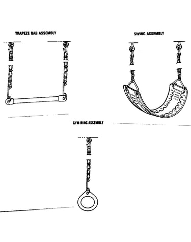 Trapeze bar, swing & gym ring assemblies