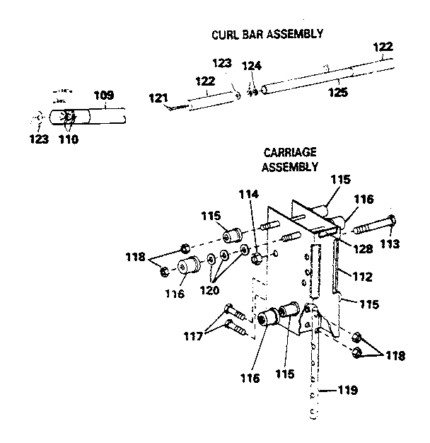 Curl bar and carriage assemblies