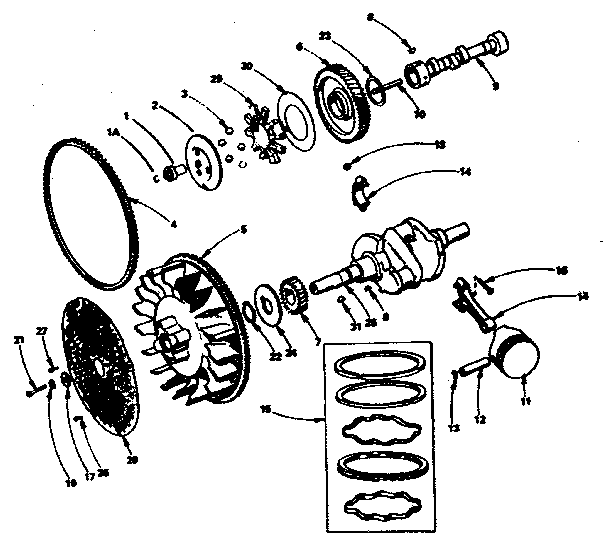 Crankshaft, flywheel, camshaft and piston group