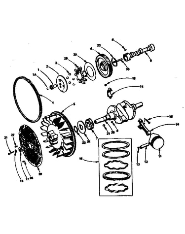 Crankshaft, flywheel, camshaft and piston group