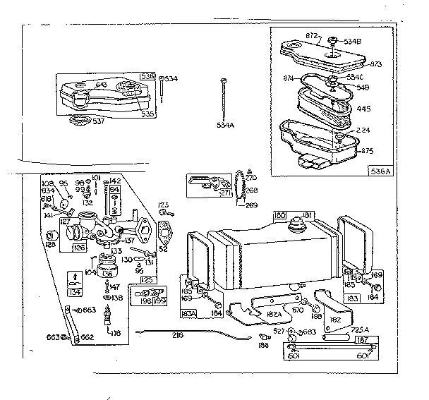 Air cleaner, carburetor, and fuel tank assembly