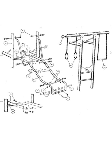 Slide, gym rings, and trapeze assemblies