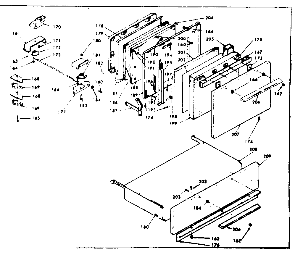 Door, latch mechanism and drawer