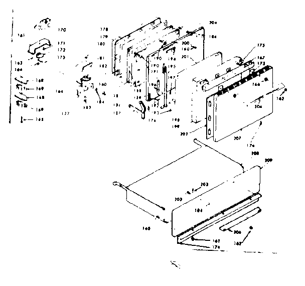 Door, latch mechanism and drawer