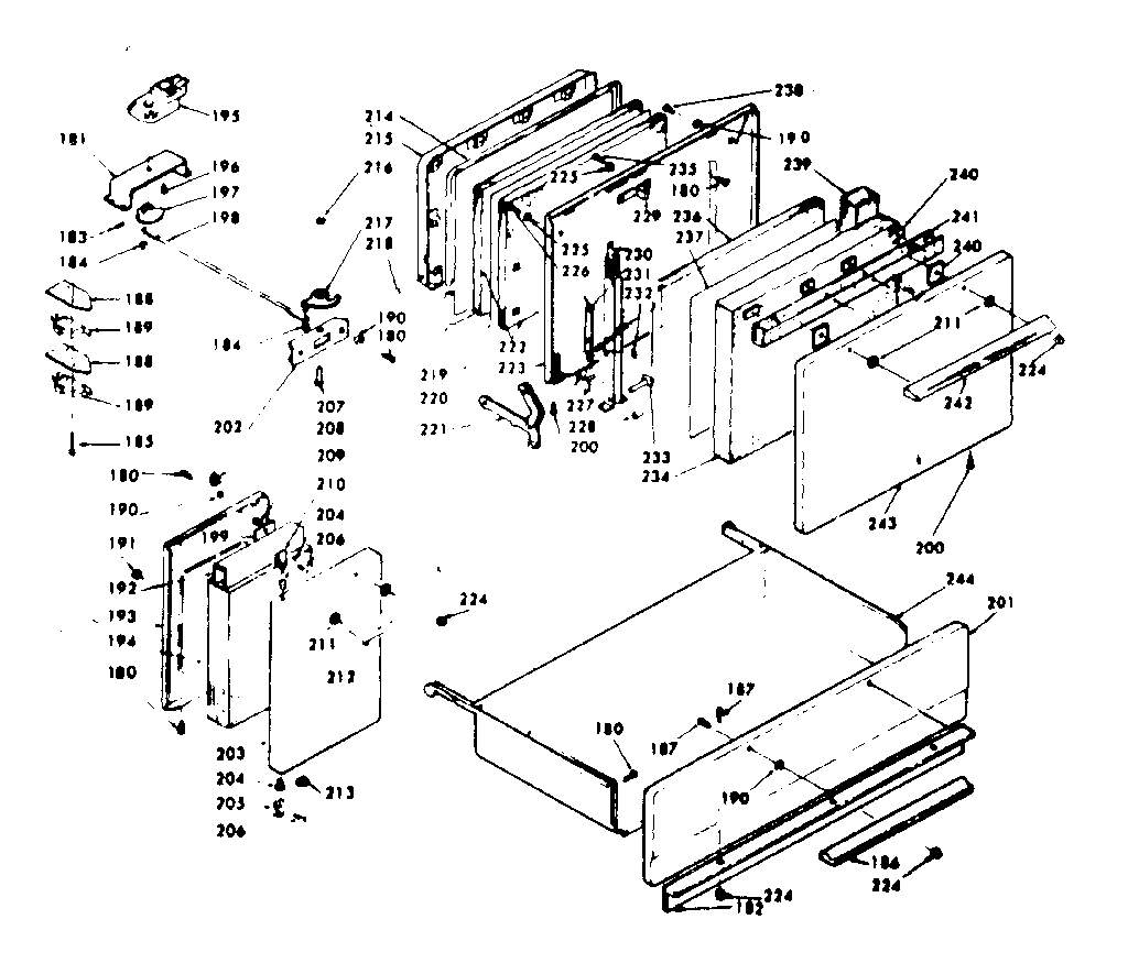 Doors, latch mechanism & drawer
