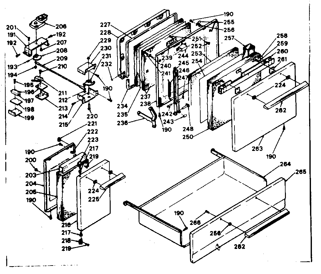 Doors, latch mechanism and drawer
