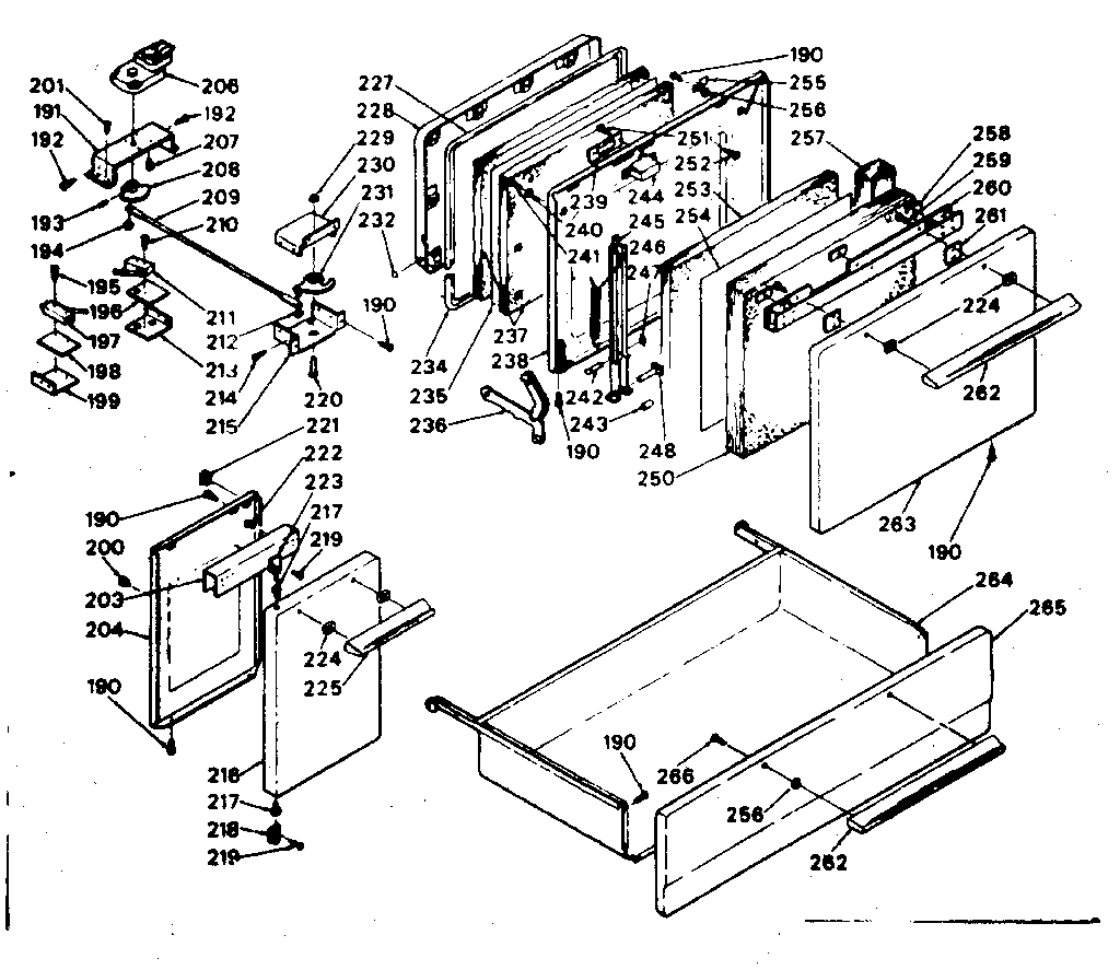 Doors, latch mechanism and drawer