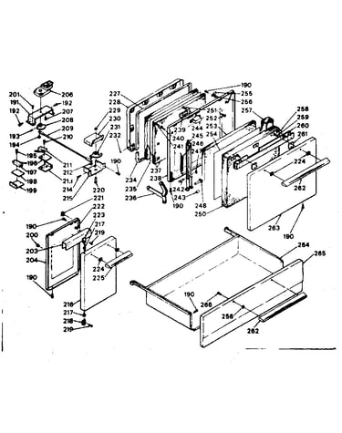 Doors, latch mechanism and drawer