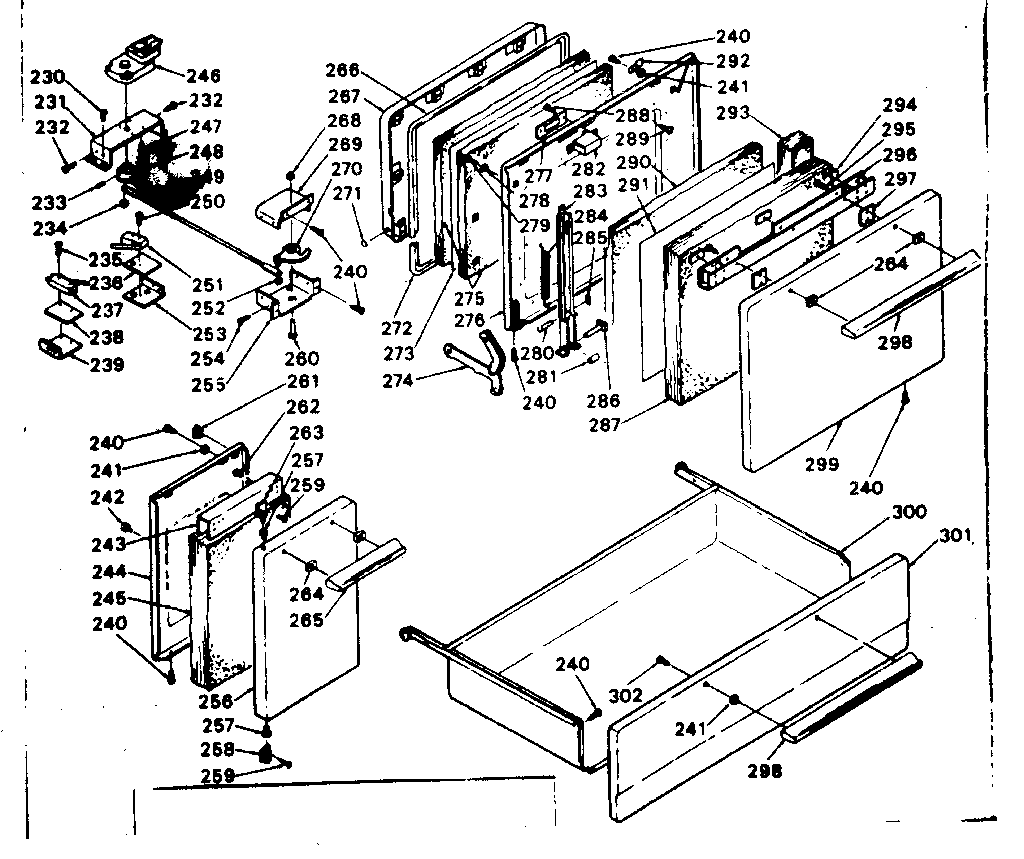 Doors, latch mechanism and drawer