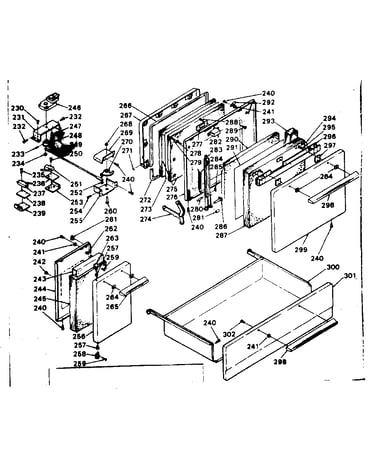 Doors, latch mechanism and drawer