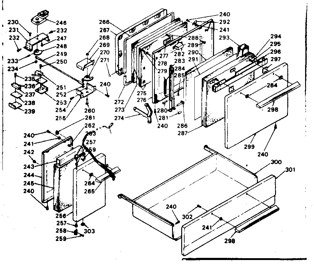 Doors, latch mechanism and drawer