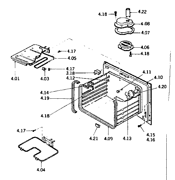 Oven liner, heating elements and interior parts