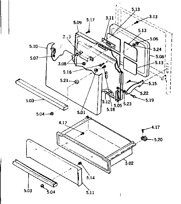 Oven door and storage drawer