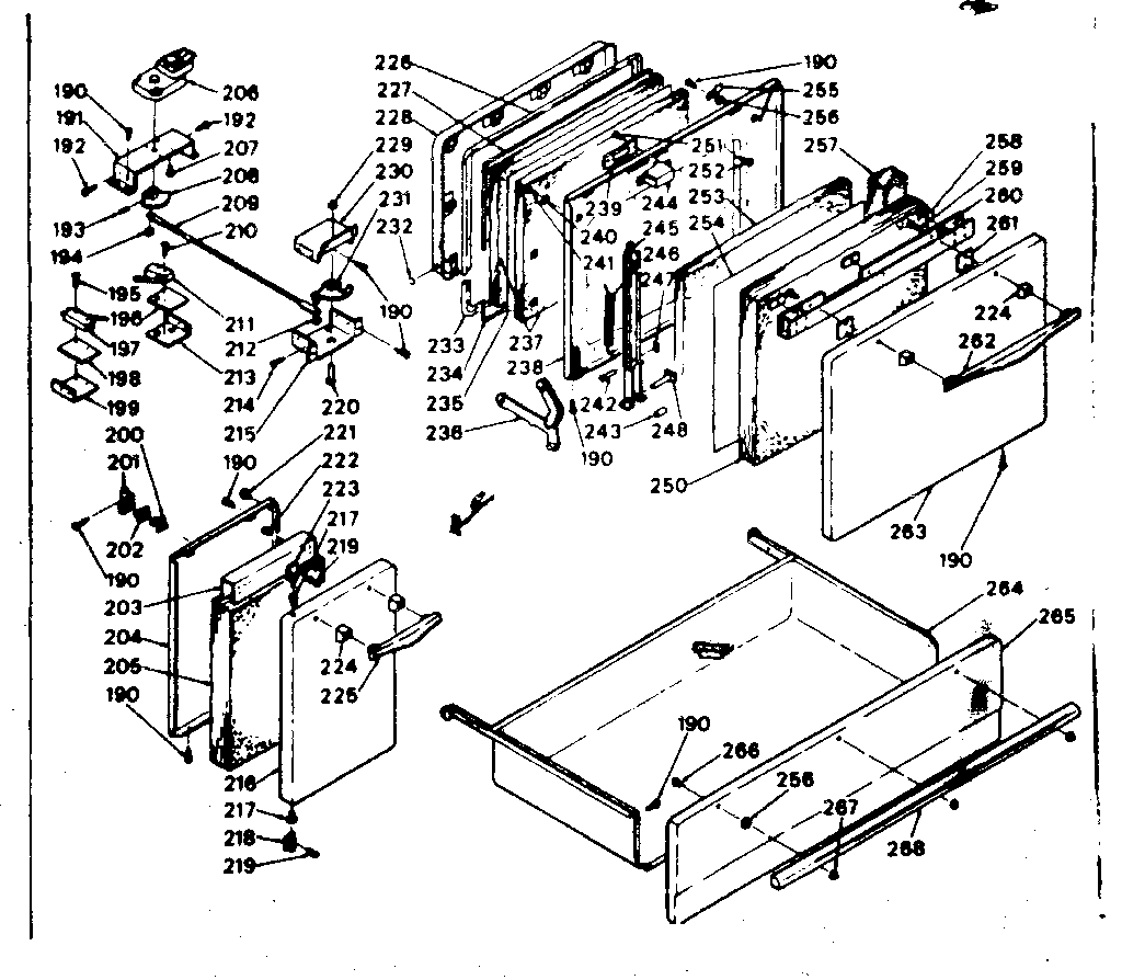 Doors, latch mechanism and drawer