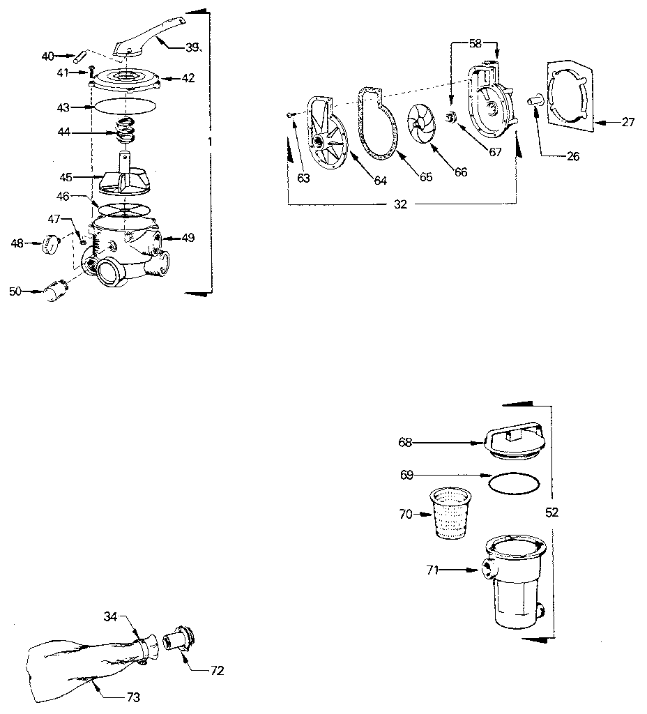 Backwash, pump, hair and lint pot assembly
