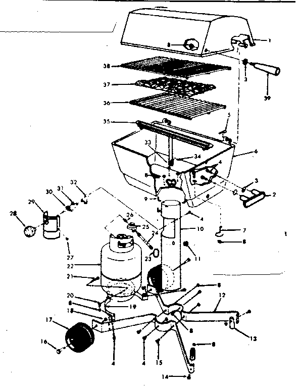 Grill, burner section and cart