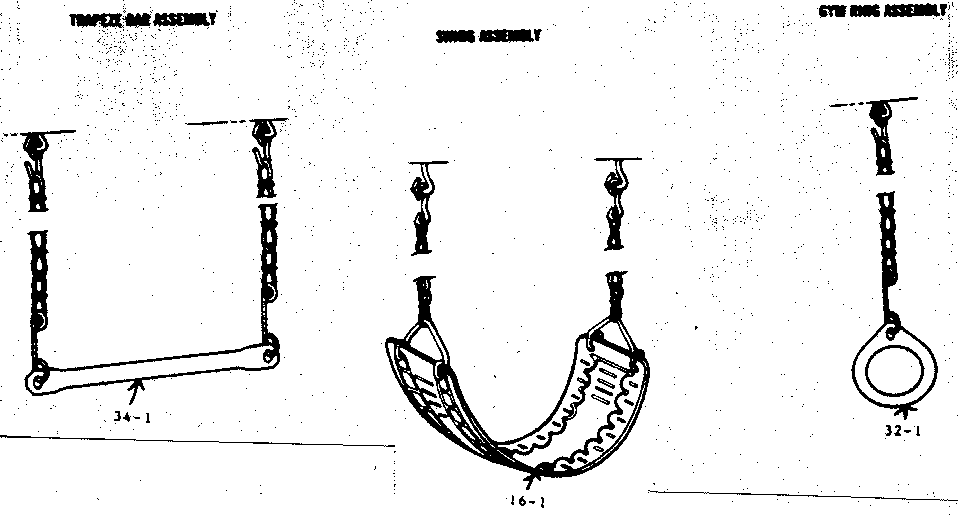 Trapeze bar, swing, and gym ring assemblies
