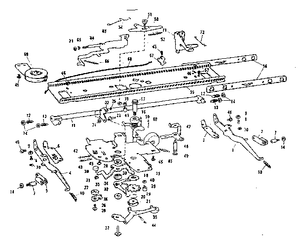 Carriage rail, pinion base, spring drum & warning bell