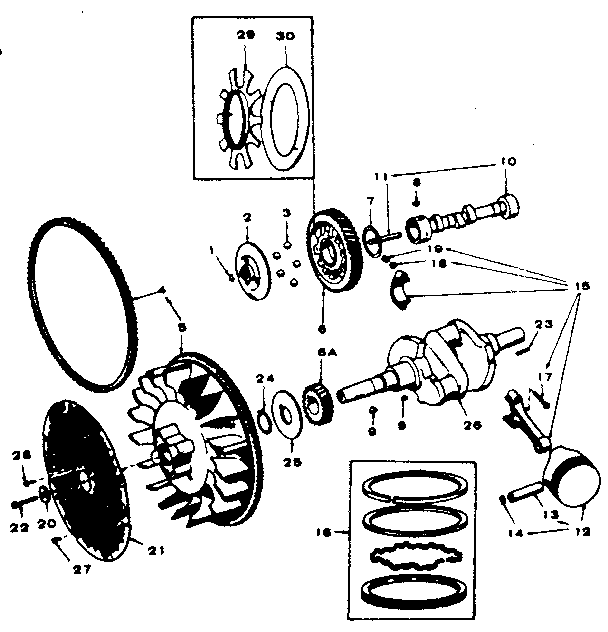 Crankshaft, flywheel, camshaft and piston group
