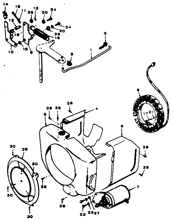 Governor, starter, charging alternator and blower housing