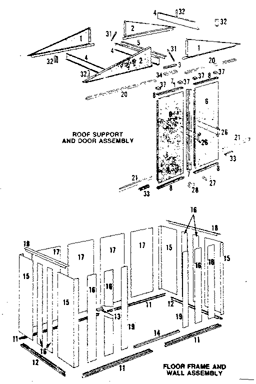 Roof support and door, floor frame and wall assembly
