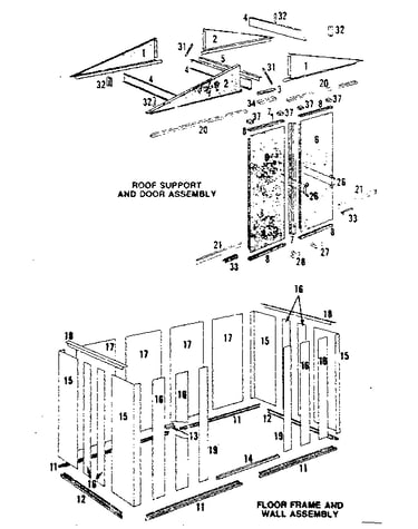 Roof support and door, floor frame and wall assembly
