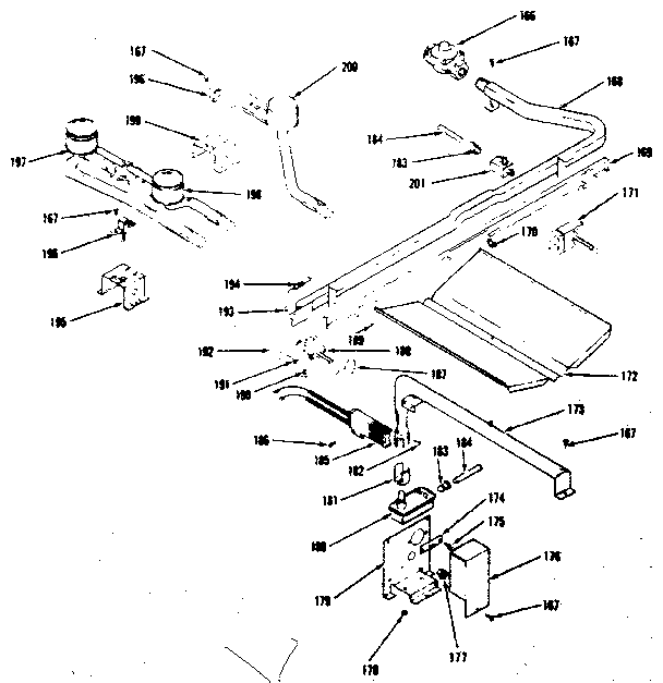Oven burner and top burners section