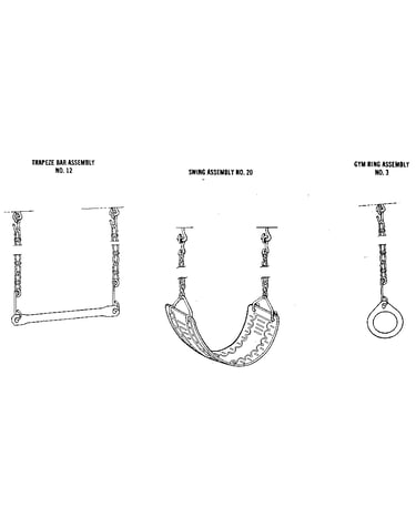 Trapeze bar, swing, & gym ring assemblies