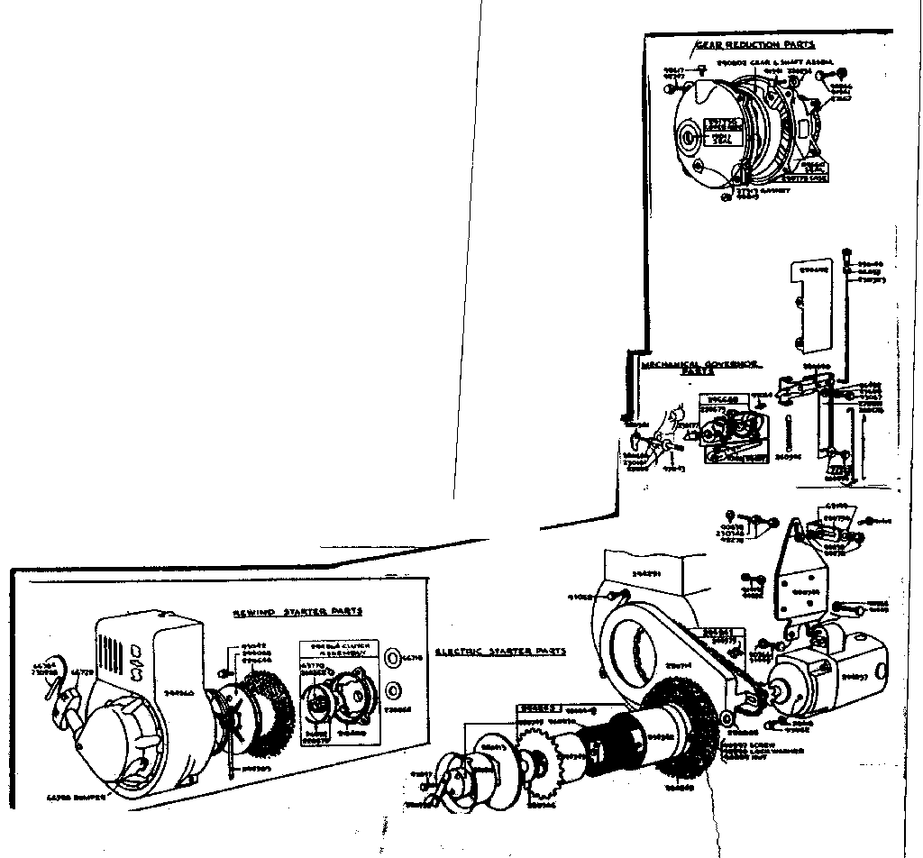 Gear reduction, mechanical governor and starter parts