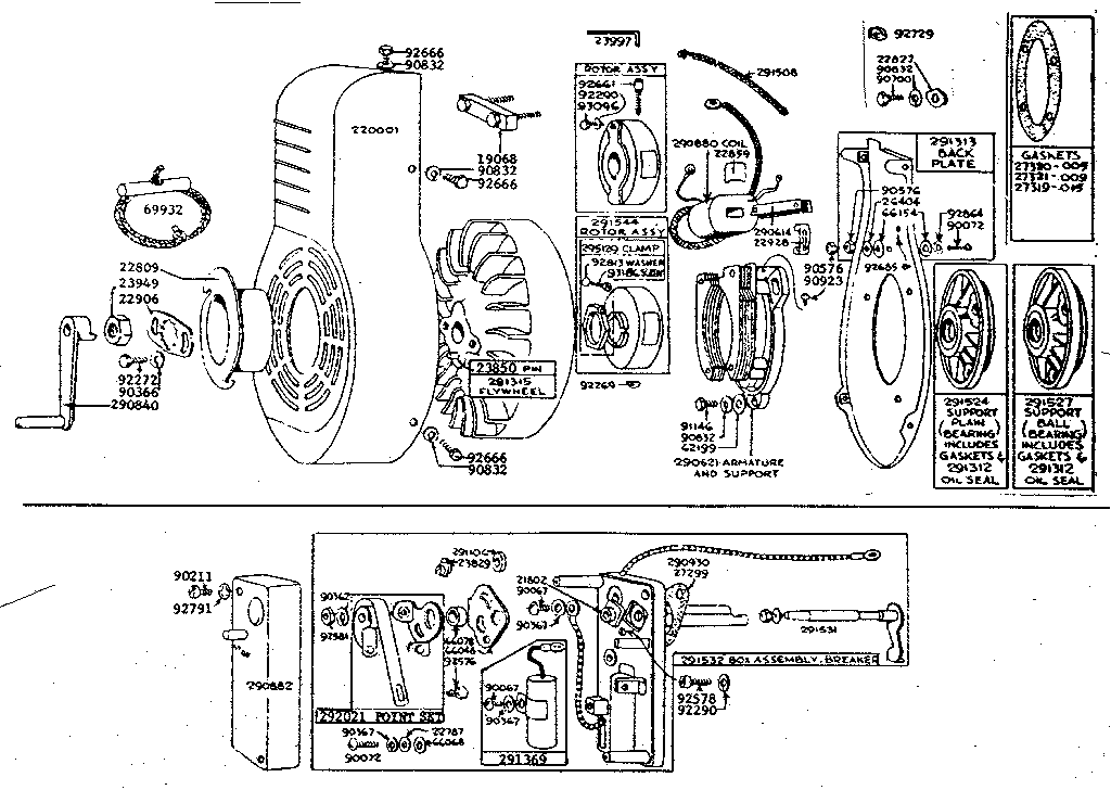 Flywheel, ignition system and blower housing parts