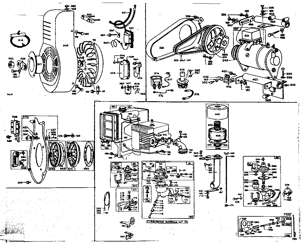Generator starter, carburetor, and flywheel assembly