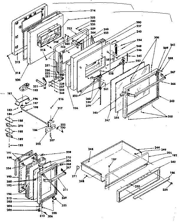 Doors, latch mechanism and drawer