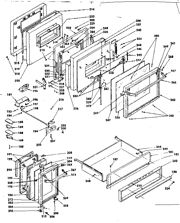Doors, latch mechanism and drawer